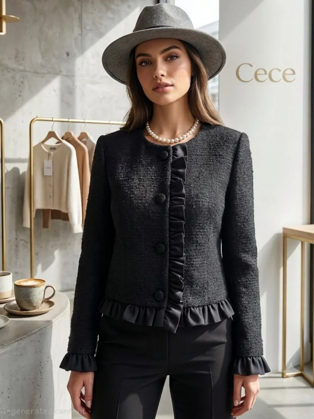 CeCe NWT Black Tweed Ruffle Trim Cropped Jacket Size 8 - Picture 1 of 16